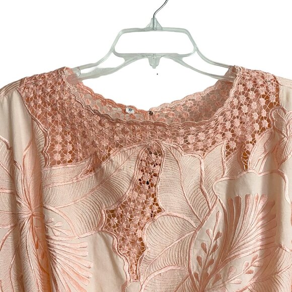 Vintage 70s 80s Midi Dress Lace Cutout Peach Pink M - Picture 2 of 5